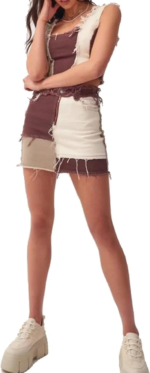 Tulucky Womens Fashion Mid-Rise Color Blocking Patchwork Ripped Stretch Denim Skirts