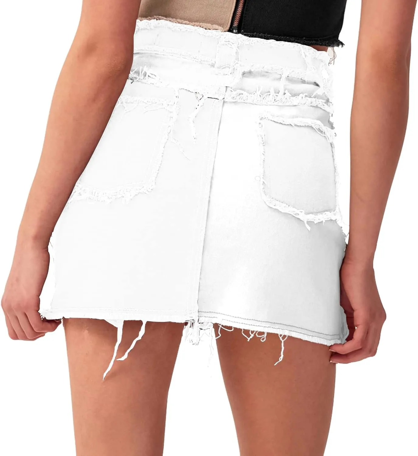 Tulucky Womens Fashion Mid-Rise Color Blocking Patchwork Ripped Stretch Denim Skirts