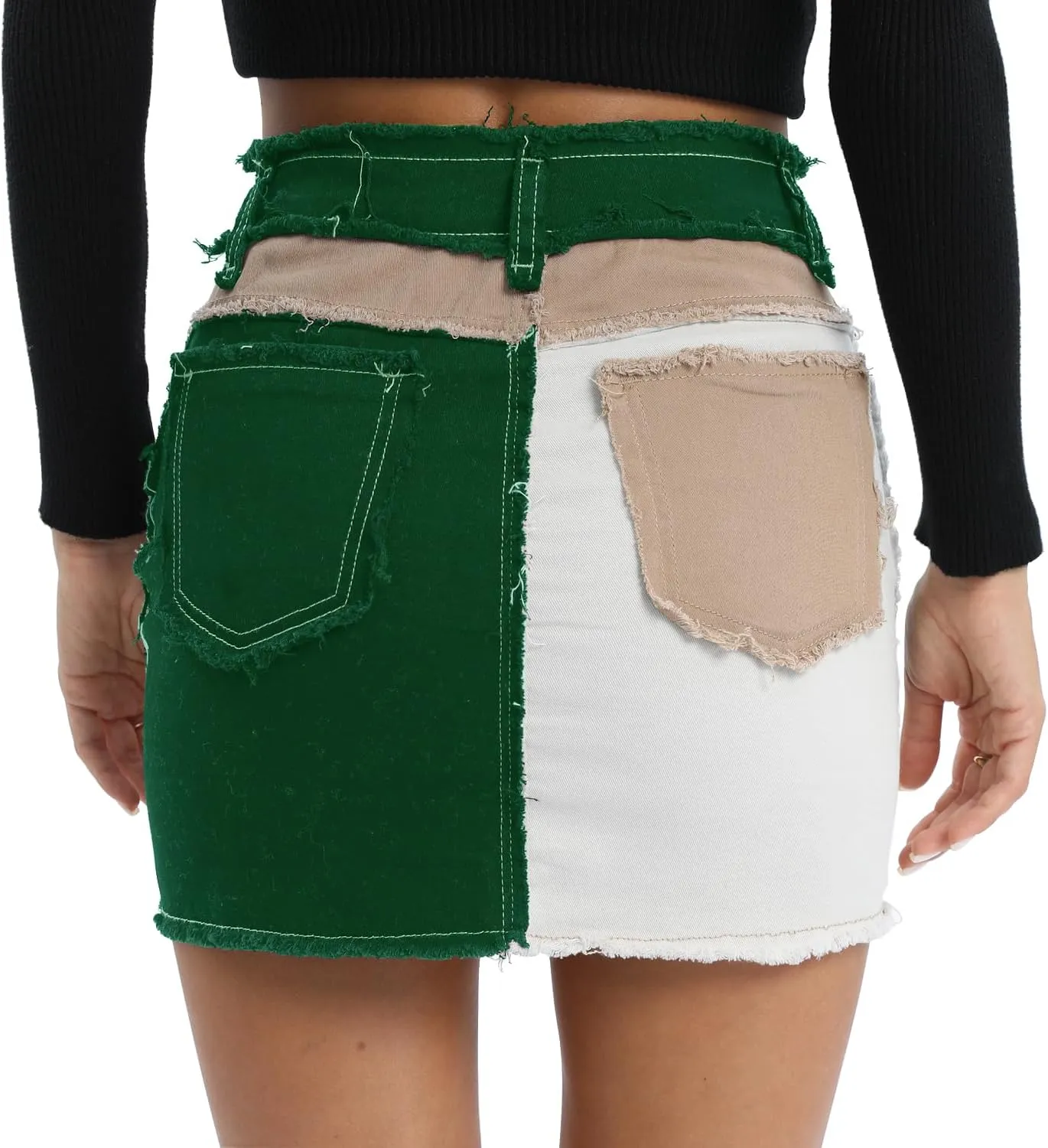 Tulucky Womens Fashion Mid-Rise Color Blocking Patchwork Ripped Stretch Denim Skirts