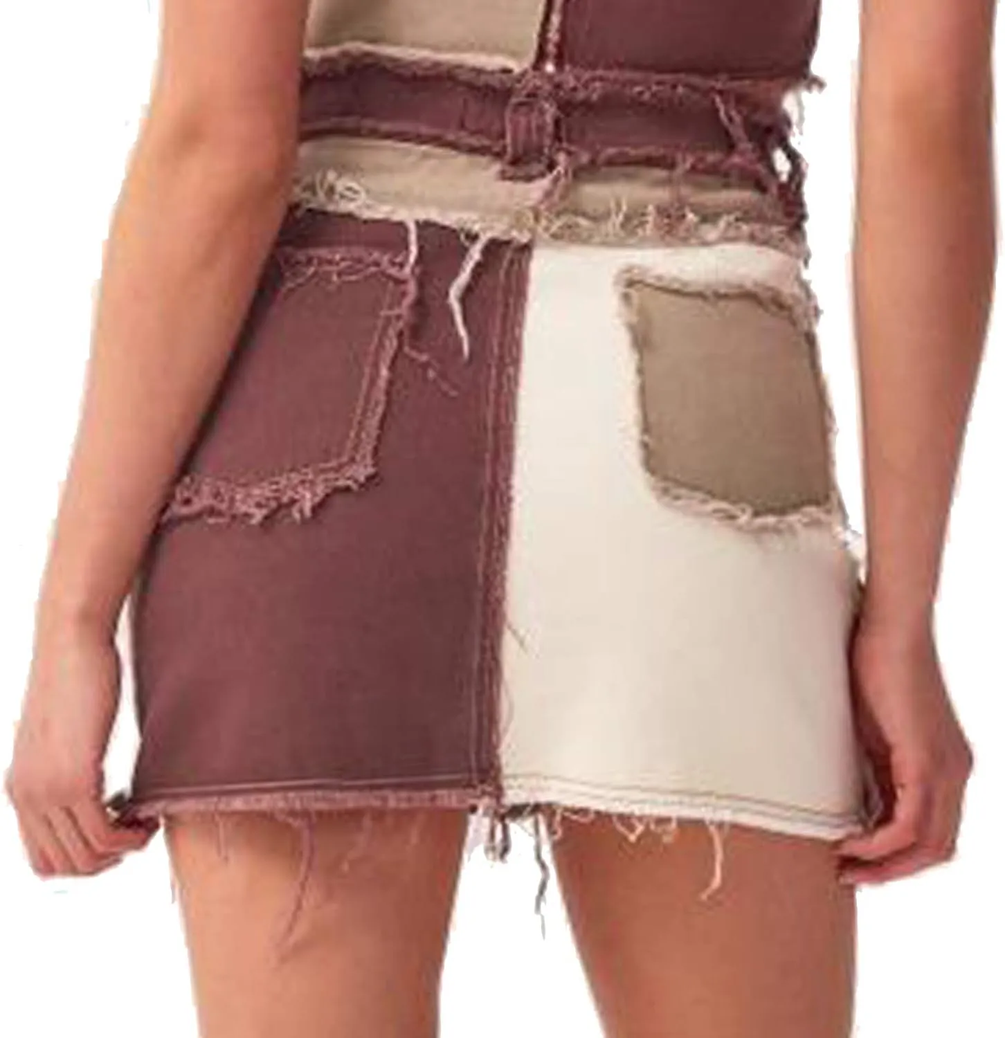 Tulucky Womens Fashion Mid-Rise Color Blocking Patchwork Ripped Stretch Denim Skirts