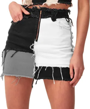 Tulucky Womens Fashion Mid-Rise Color Blocking Patchwork Ripped Stretch Denim Skirts
