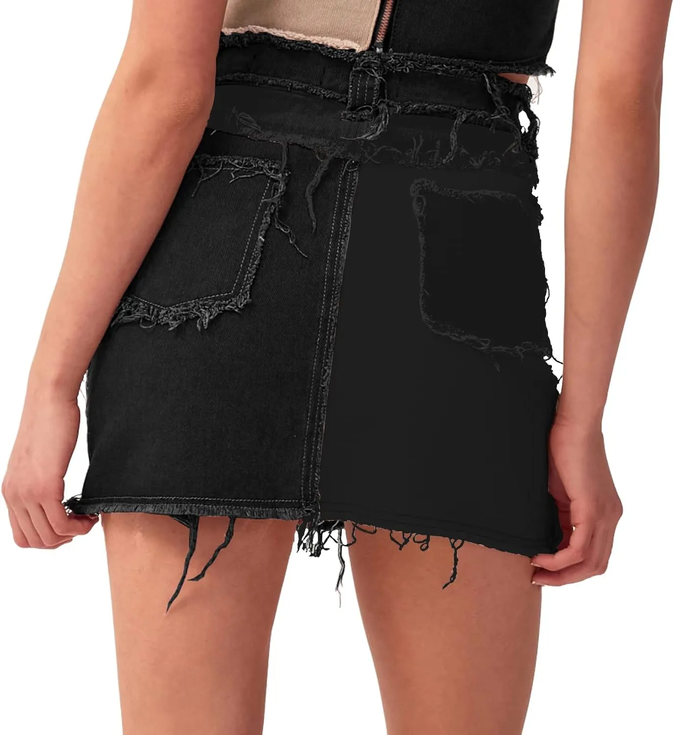 Tulucky Womens Fashion Mid-Rise Color Blocking Patchwork Ripped Stretch Denim Skirts