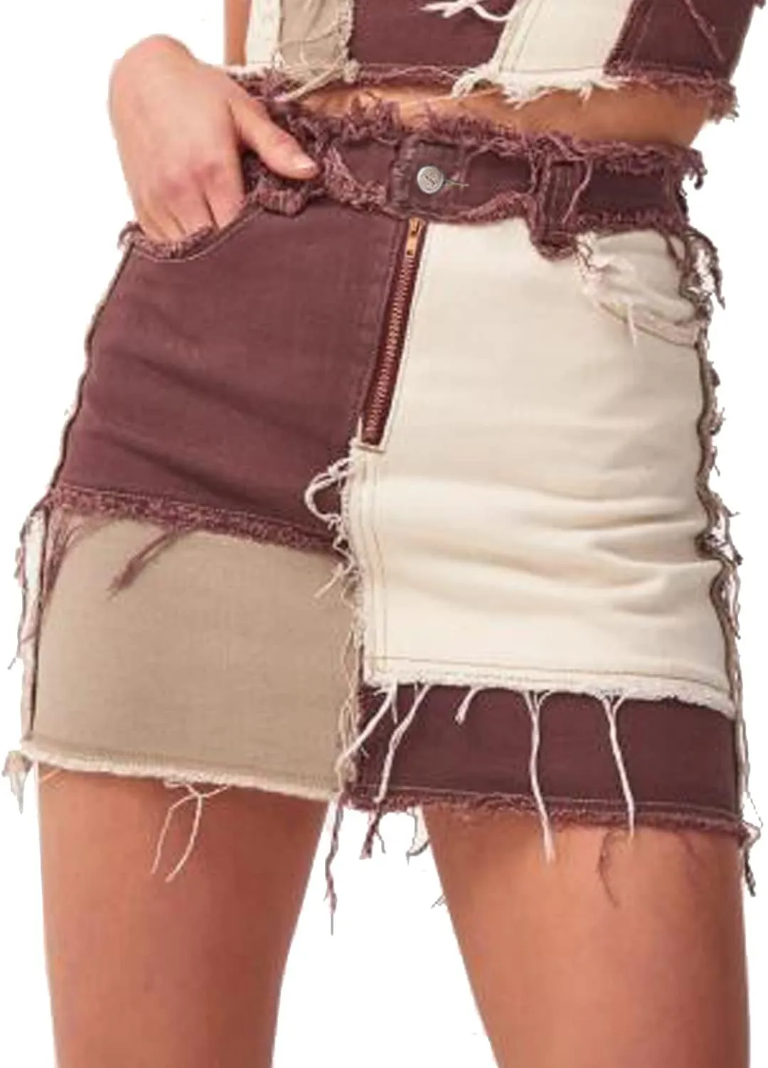 Tulucky Womens Fashion Mid-Rise Color Blocking Patchwork Ripped Stretch Denim Skirts