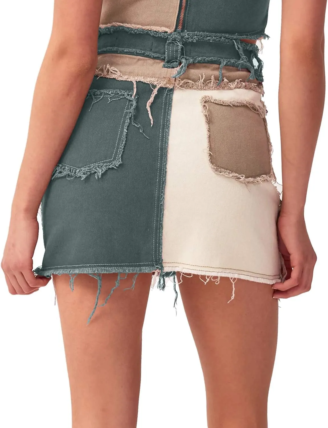 Tulucky Womens Fashion Mid-Rise Color Blocking Patchwork Ripped Stretch Denim Skirts