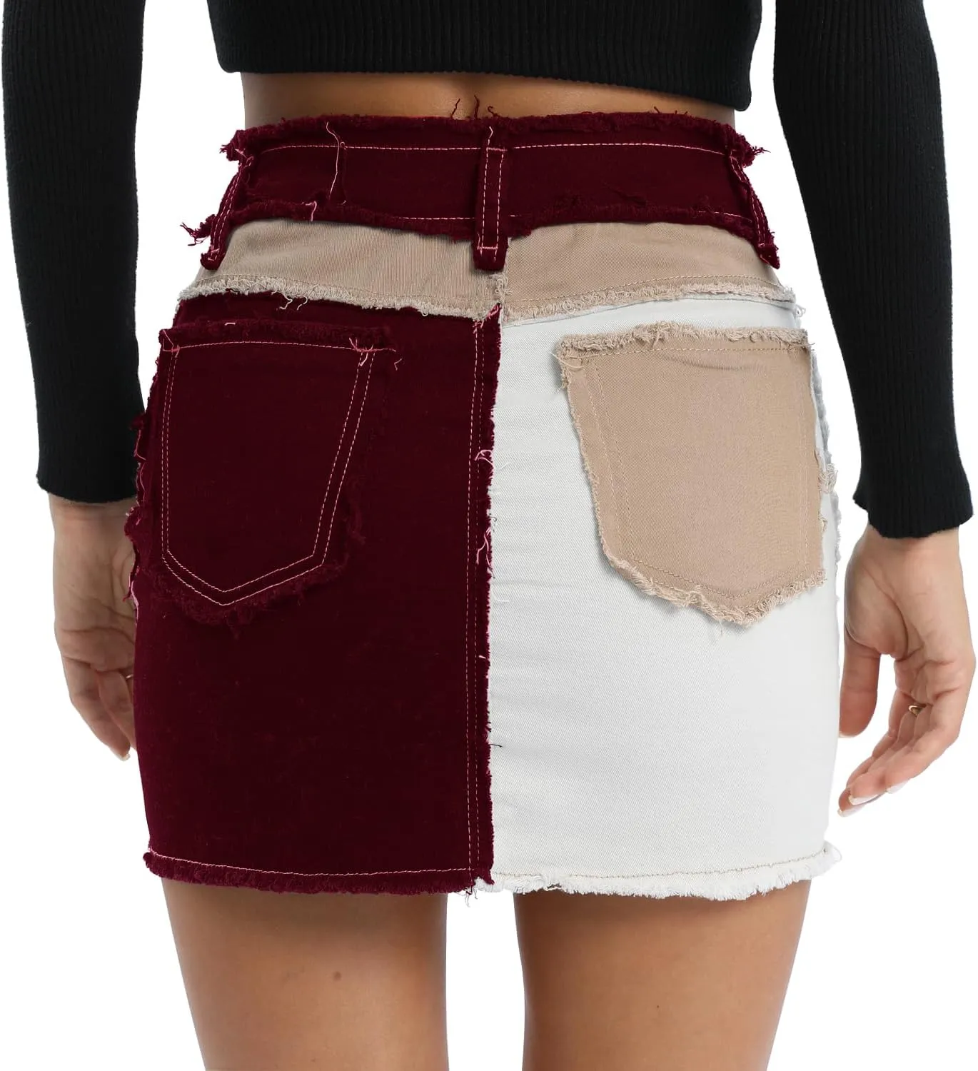 Tulucky Womens Fashion Mid-Rise Color Blocking Patchwork Ripped Stretch Denim Skirts