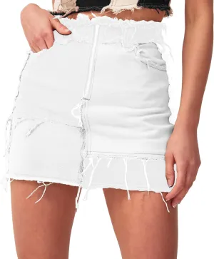 Tulucky Womens Fashion Mid-Rise Color Blocking Patchwork Ripped Stretch Denim Skirts