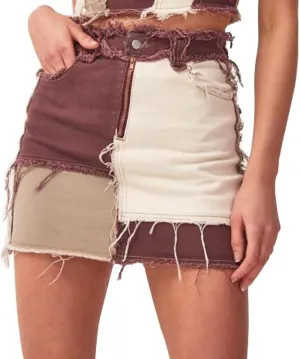 Tulucky Womens Fashion Mid-Rise Color Blocking Patchwork Ripped Stretch Denim Skirts