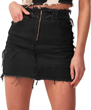 Tulucky Womens Fashion Mid-Rise Color Blocking Patchwork Ripped Stretch Denim Skirts