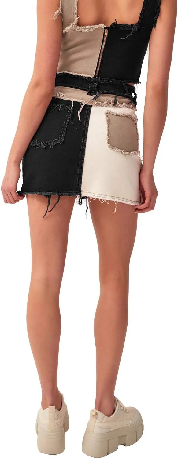 Tulucky Womens Fashion Mid-Rise Color Blocking Patchwork Ripped Stretch Denim Skirts