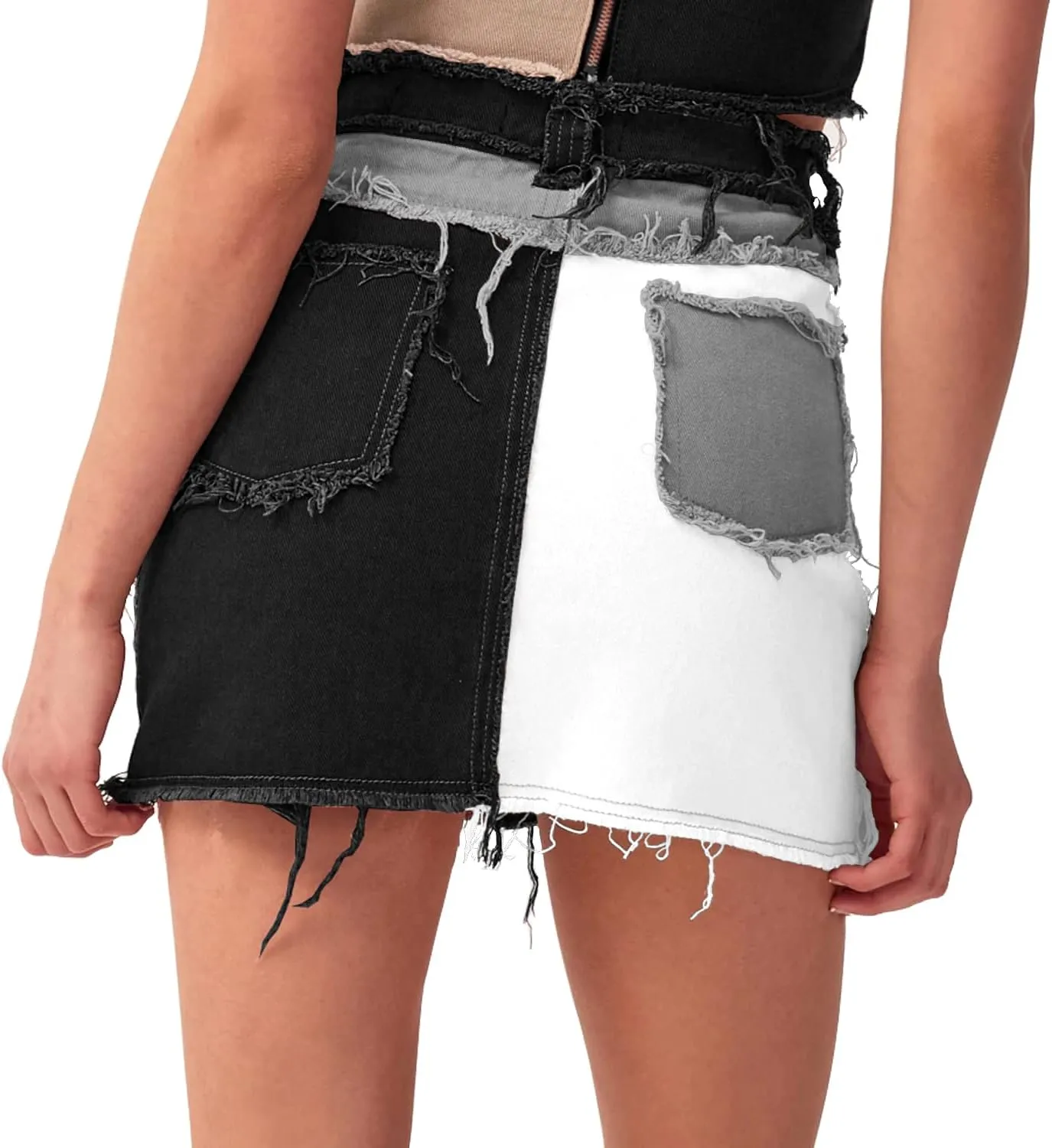 Tulucky Womens Fashion Mid-Rise Color Blocking Patchwork Ripped Stretch Denim Skirts