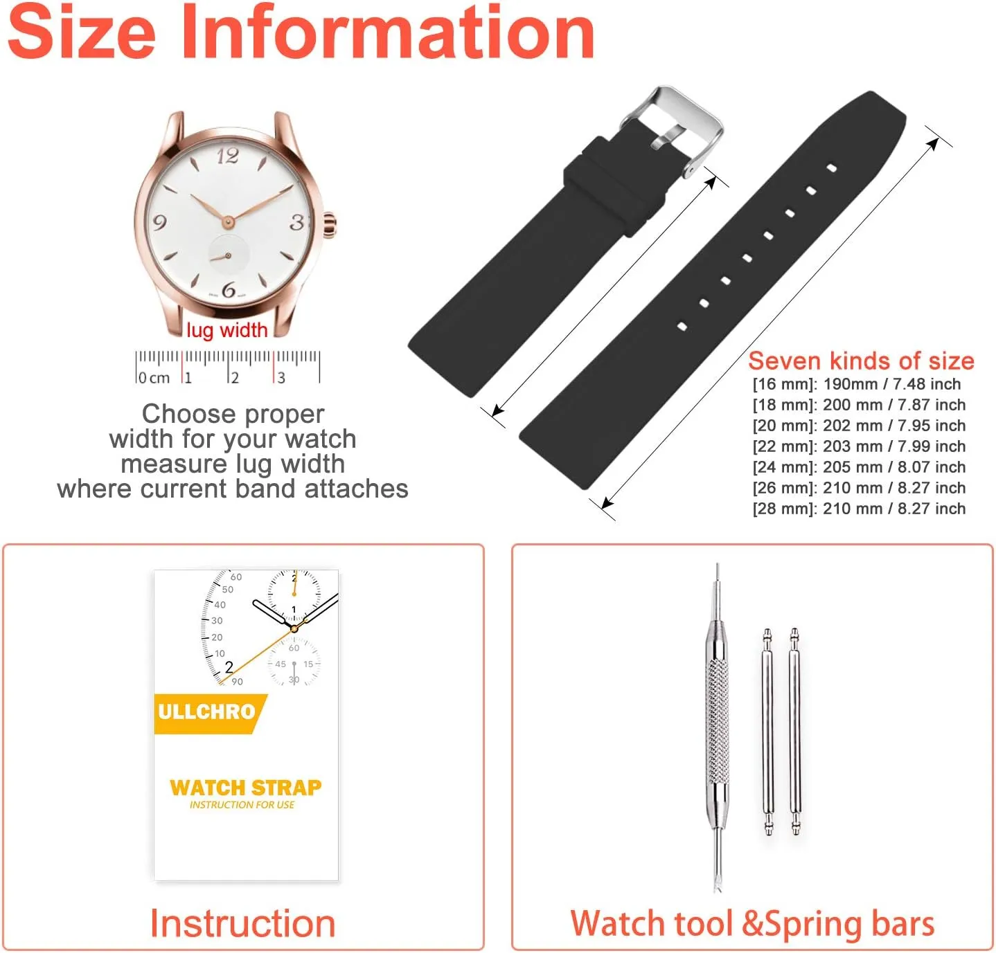 ULLCHRO Silicone Watch Strap Replacement Rubber Watch Band Waterproof Smooth Flexible Men Women - 16mm, 18mm, 20mm, 22mm, 24mm, 26mm, 28mm Watch Bracelet with Silver Buckle