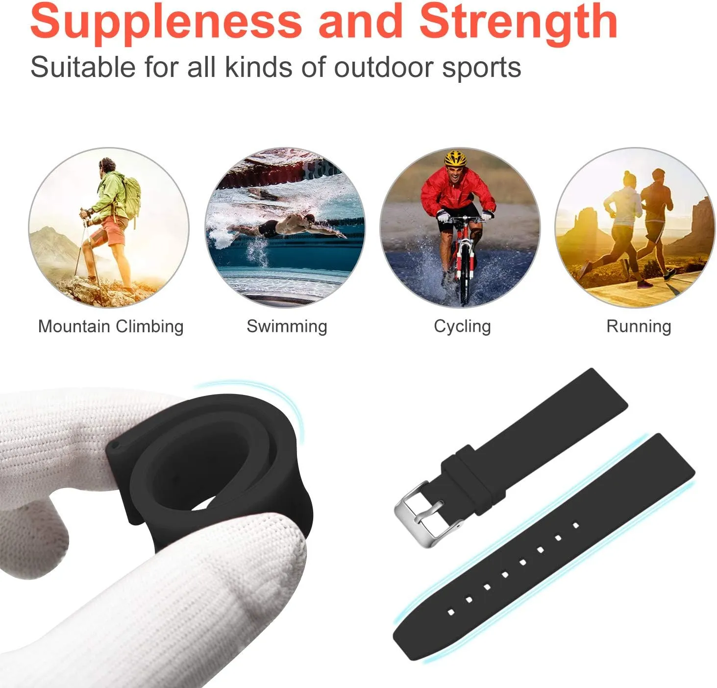 ULLCHRO Silicone Watch Strap Replacement Rubber Watch Band Waterproof Smooth Flexible Men Women - 16mm, 18mm, 20mm, 22mm, 24mm, 26mm, 28mm Watch Bracelet with Silver Buckle
