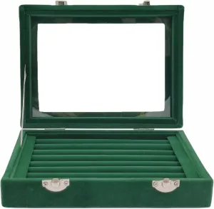 Velvet Glass Jewelry Display Stand Storage Box for Rings, Earrings - Holder Case for Women Girls (Green)