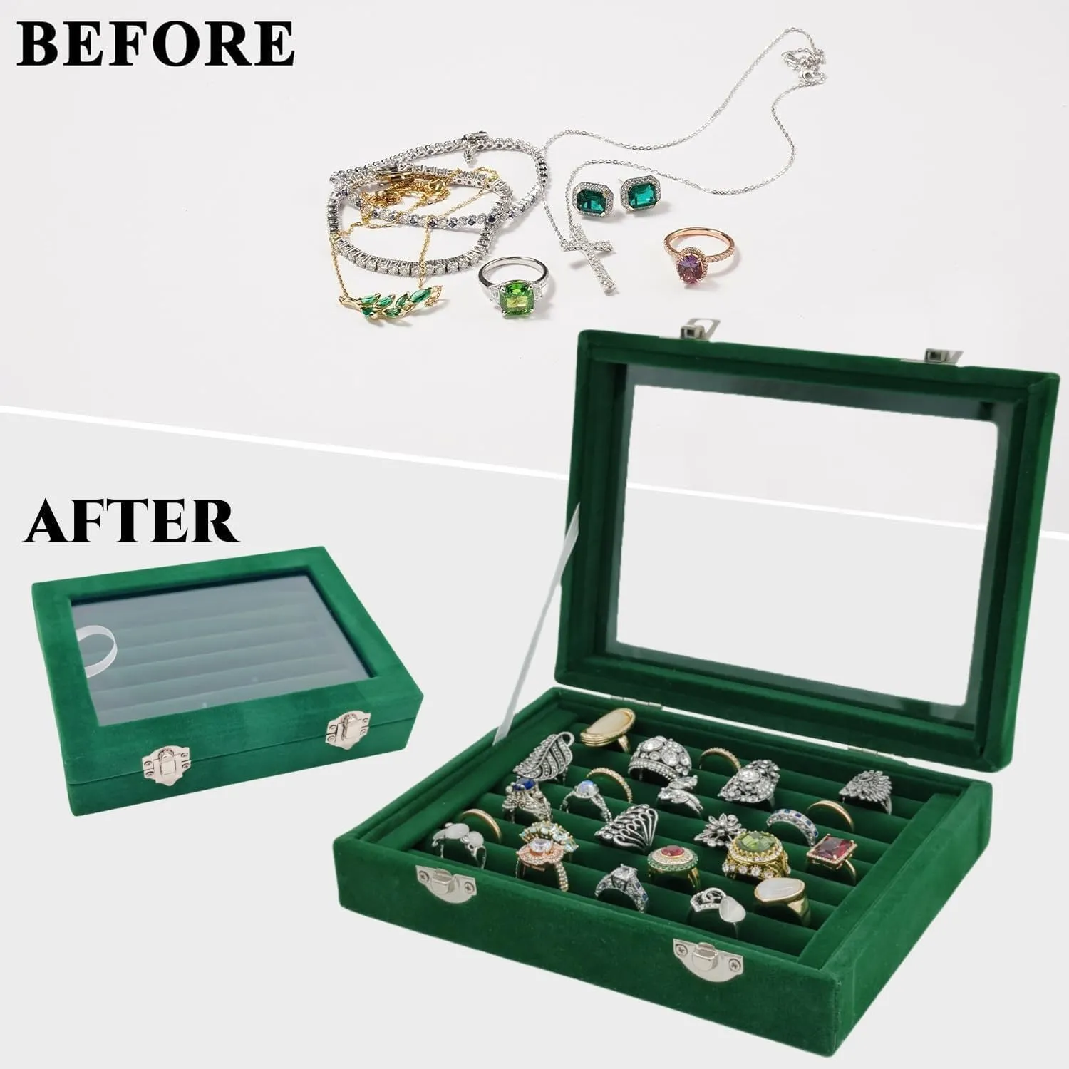 Velvet Glass Jewelry Display Stand Storage Box for Rings, Earrings - Holder Case for Women Girls (Green)