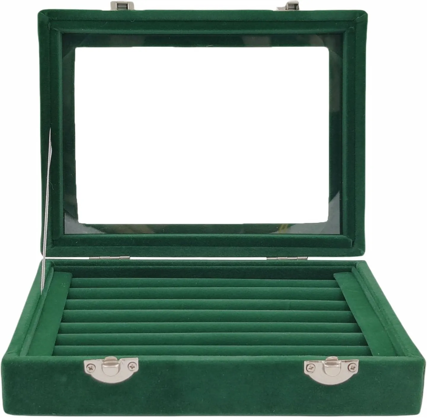 Velvet Glass Jewelry Display Stand Storage Box for Rings, Earrings - Holder Case for Women Girls (Green)
