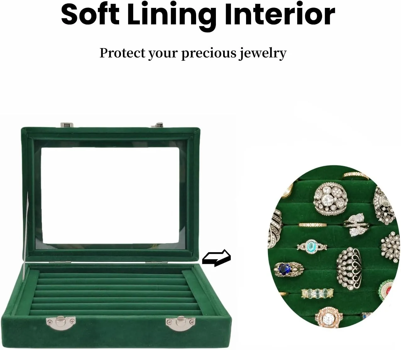 Velvet Glass Jewelry Display Stand Storage Box for Rings, Earrings - Holder Case for Women Girls (Green)