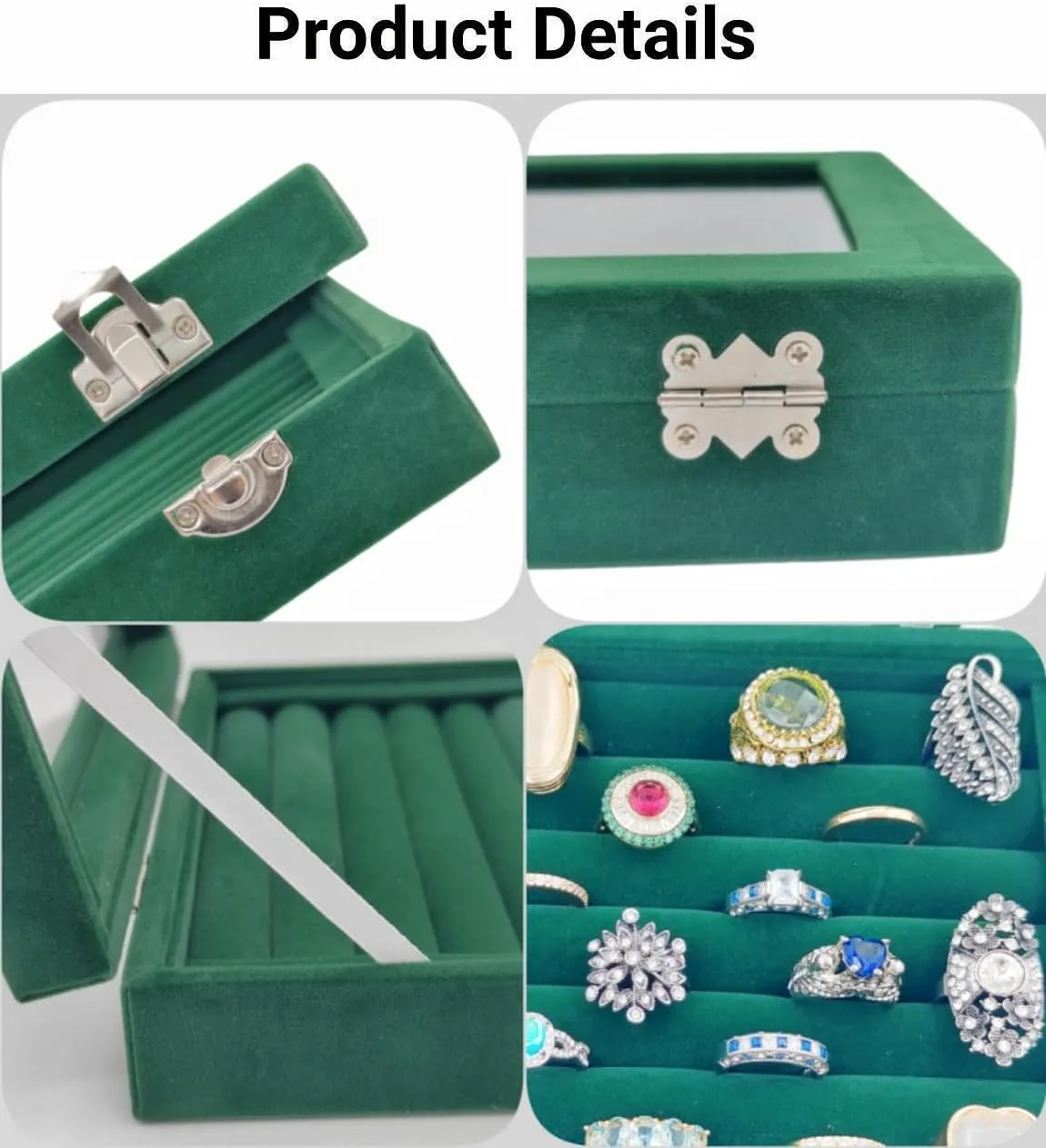 Velvet Glass Jewelry Display Stand Storage Box for Rings, Earrings - Holder Case for Women Girls (Green)