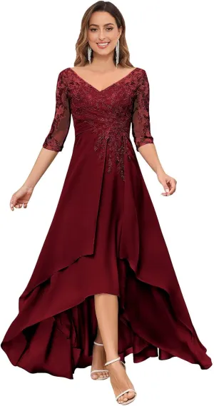 VGZ Chiffon Lace Appliques Mother of The Bride Dresses with Sleeves V Neck Sequin Mother of The Groom Dress