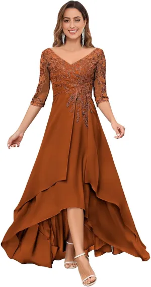 VGZ Chiffon Lace Appliques Mother of The Bride Dresses with Sleeves V Neck Sequin Mother of The Groom Dress