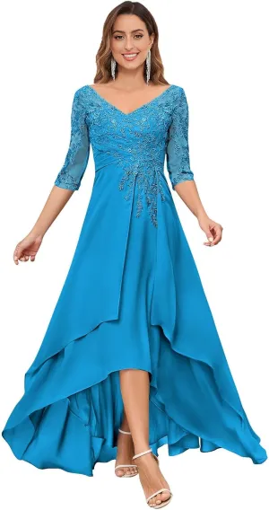 VGZ Chiffon Lace Appliques Mother of The Bride Dresses with Sleeves V Neck Sequin Mother of The Groom Dress