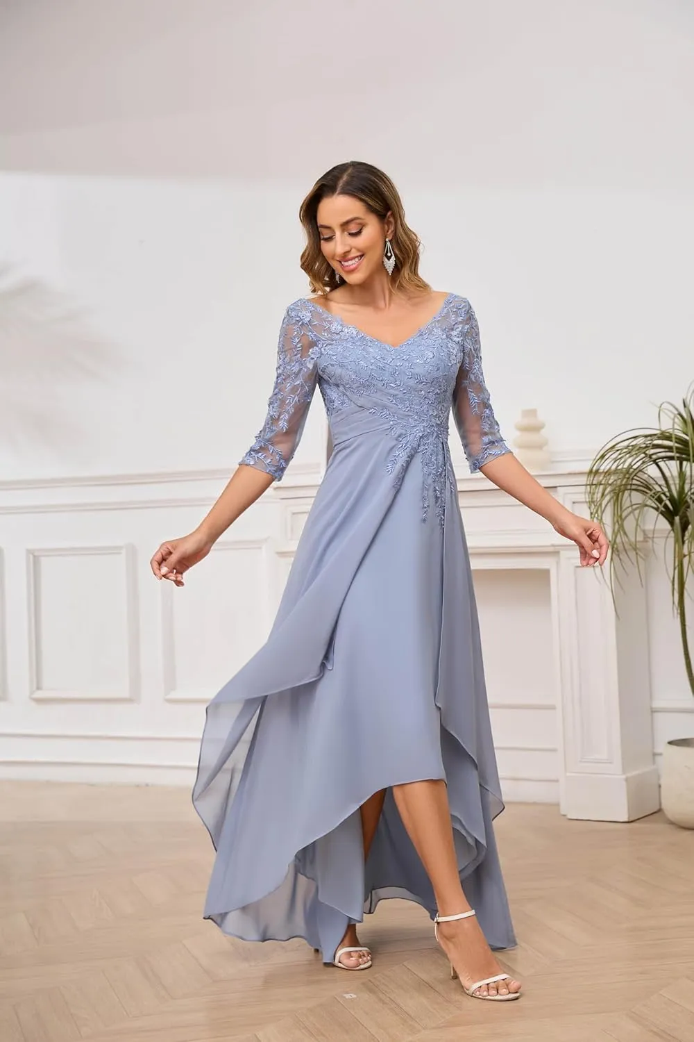 VGZ Chiffon Lace Appliques Mother of The Bride Dresses with Sleeves V Neck Sequin Mother of The Groom Dress