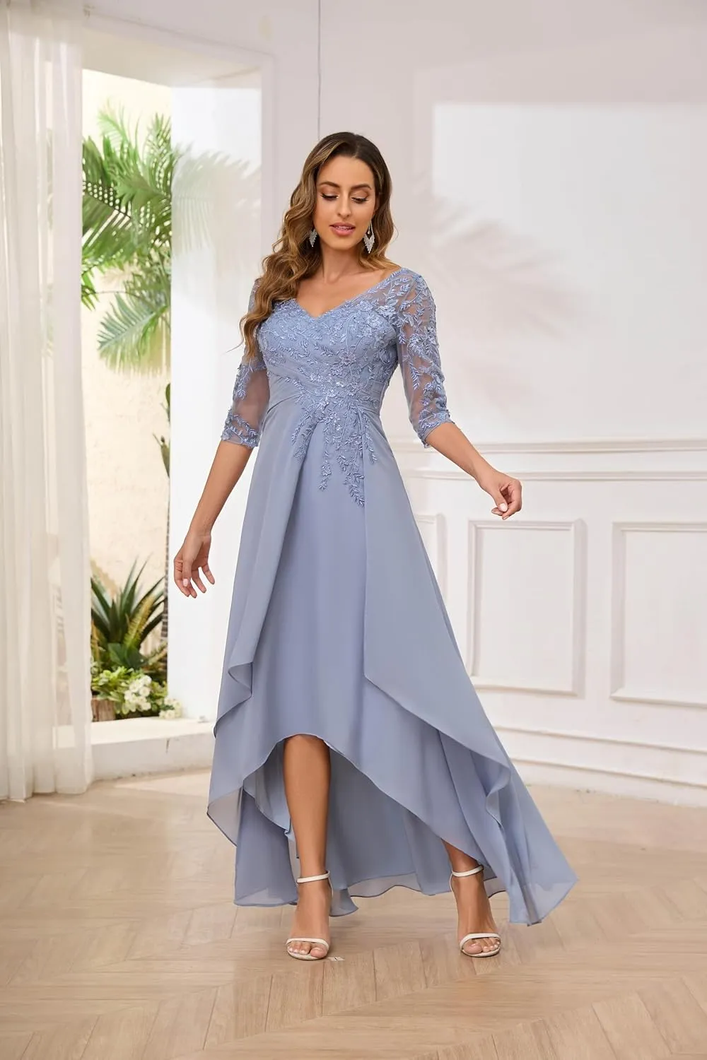 VGZ Chiffon Lace Appliques Mother of The Bride Dresses with Sleeves V Neck Sequin Mother of The Groom Dress