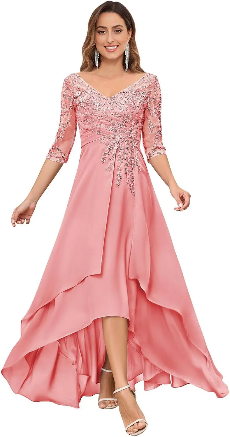 VGZ Chiffon Lace Appliques Mother of The Bride Dresses with Sleeves V Neck Sequin Mother of The Groom Dress