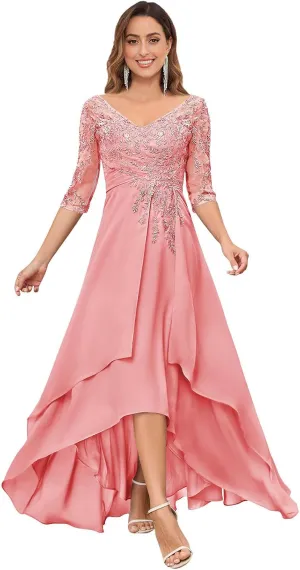 VGZ Chiffon Lace Appliques Mother of The Bride Dresses with Sleeves V Neck Sequin Mother of The Groom Dress