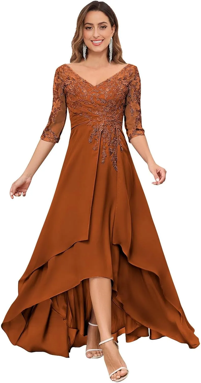 VGZ Chiffon Lace Appliques Mother of The Bride Dresses with Sleeves V Neck Sequin Mother of The Groom Dress