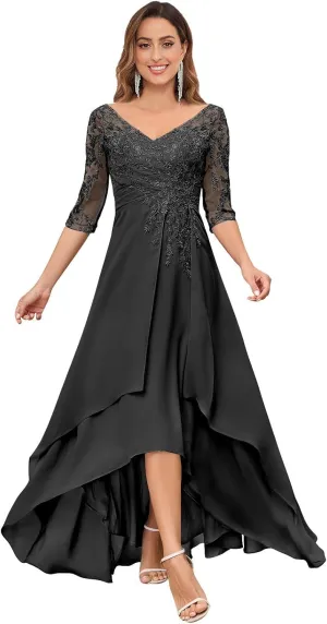 VGZ Chiffon Lace Appliques Mother of The Bride Dresses with Sleeves V Neck Sequin Mother of The Groom Dress
