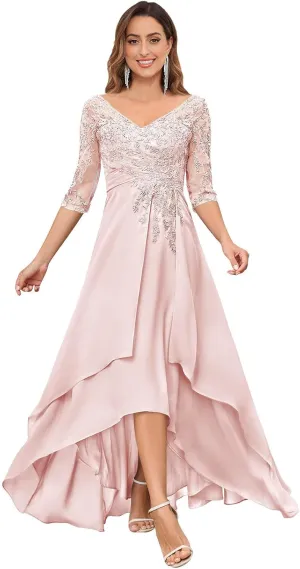 VGZ Chiffon Lace Appliques Mother of The Bride Dresses with Sleeves V Neck Sequin Mother of The Groom Dress
