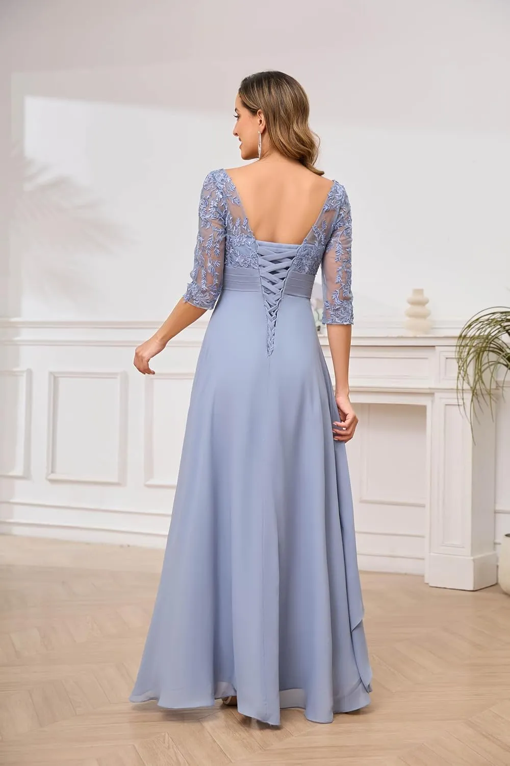 VGZ Chiffon Lace Appliques Mother of The Bride Dresses with Sleeves V Neck Sequin Mother of The Groom Dress