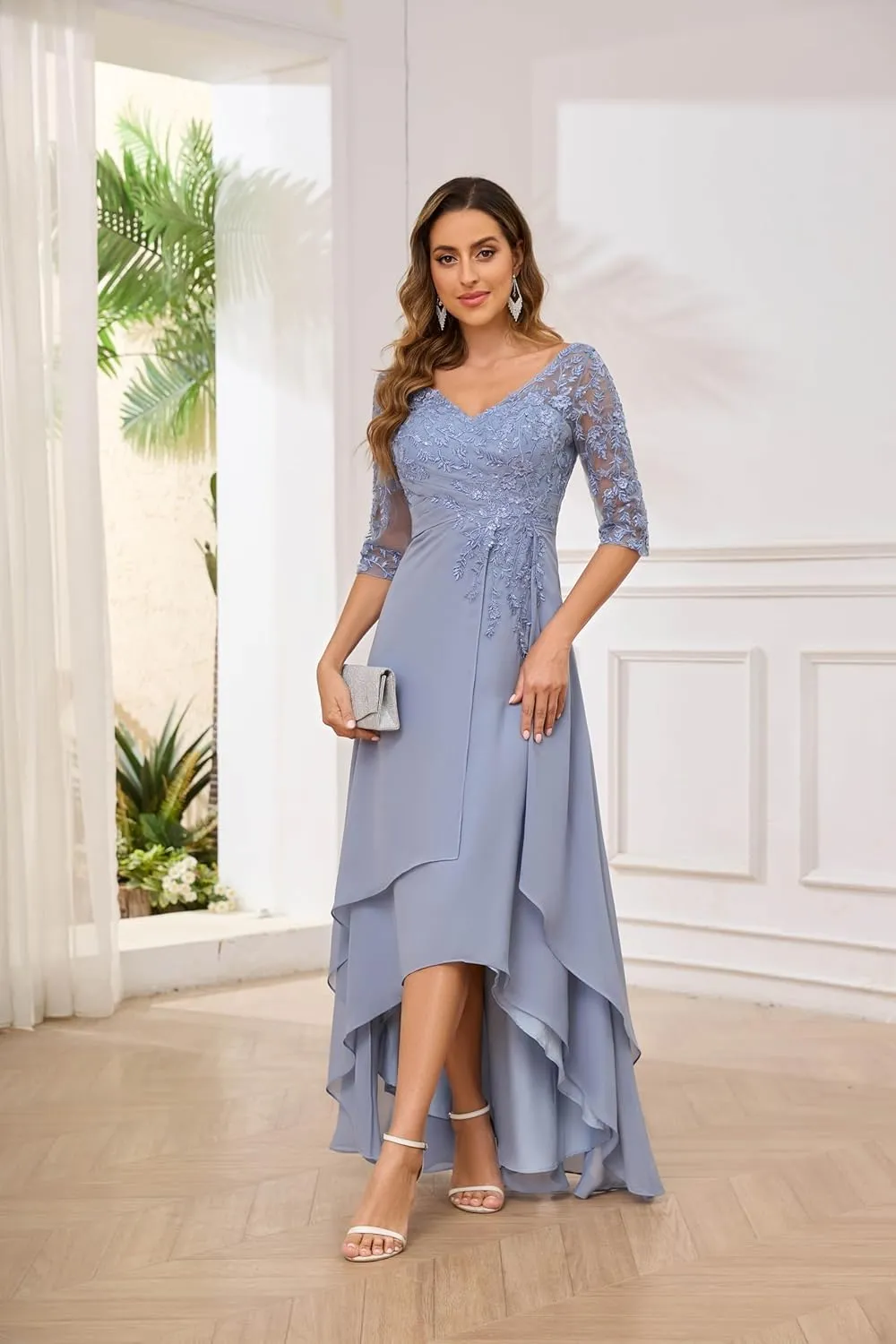 VGZ Chiffon Lace Appliques Mother of The Bride Dresses with Sleeves V Neck Sequin Mother of The Groom Dress