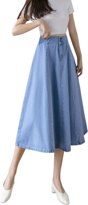 Viatabuna Women's Midi Length Blue Jean Skirts Elastic High Waist Loose Fit A Line Pleated Long Denim Skirt for Teen Girls