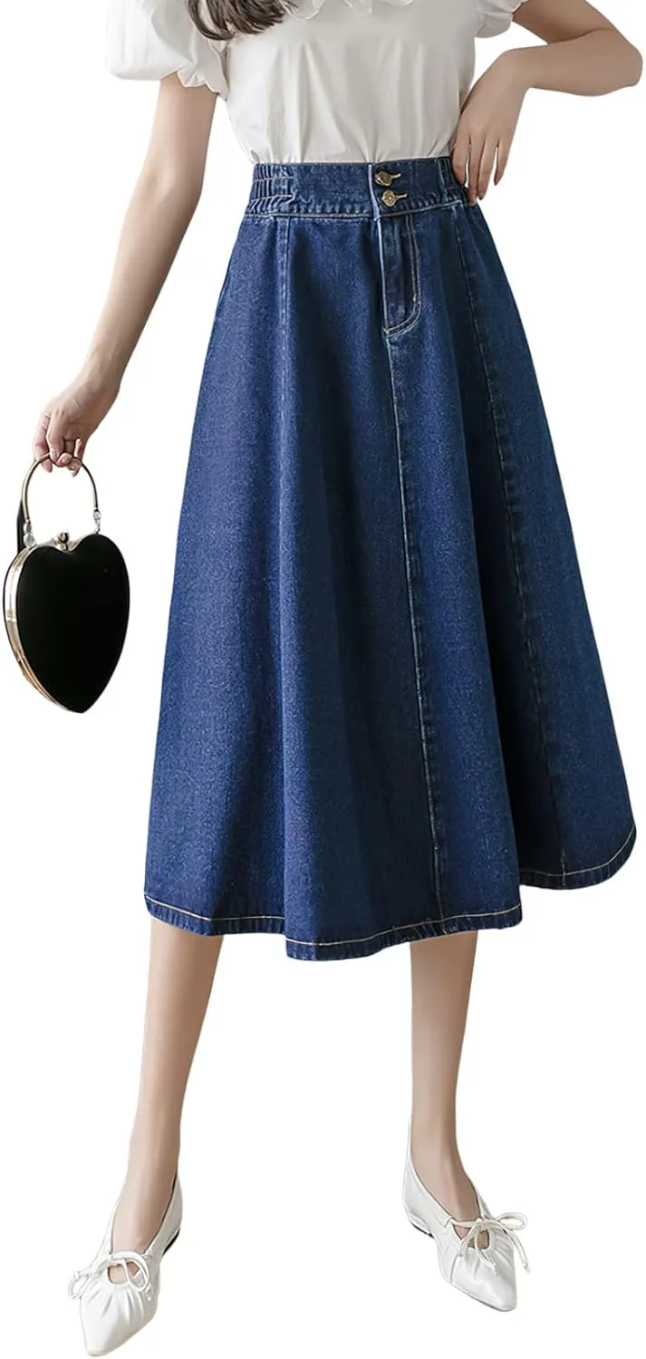 Viatabuna Women's Midi Length Blue Jean Skirts Elastic High Waist Loose Fit A Line Pleated Long Denim Skirt for Teen Girls