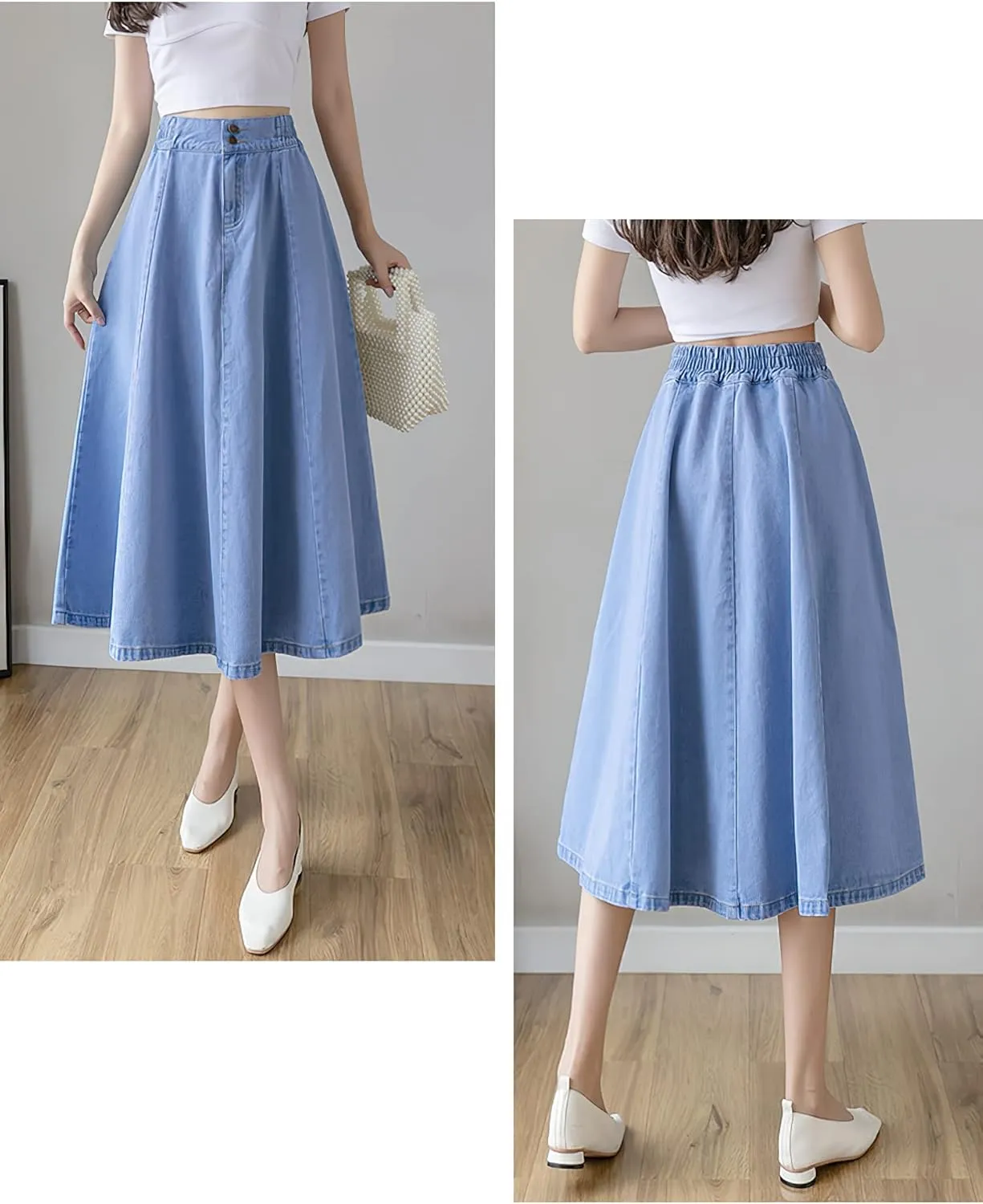 Viatabuna Women's Midi Length Blue Jean Skirts Elastic High Waist Loose Fit A Line Pleated Long Denim Skirt for Teen Girls