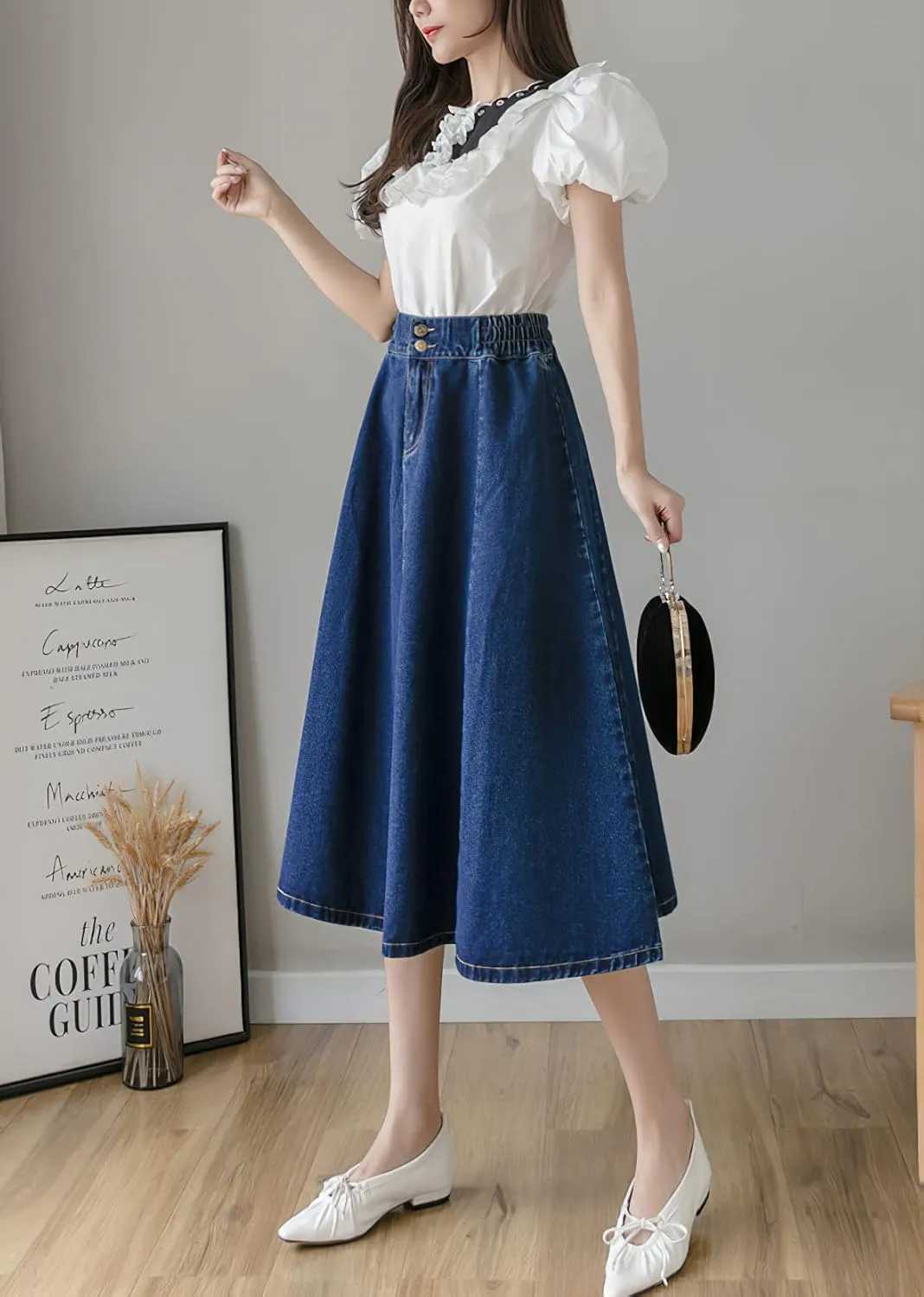 Viatabuna Women's Midi Length Blue Jean Skirts Elastic High Waist Loose Fit A Line Pleated Long Denim Skirt for Teen Girls