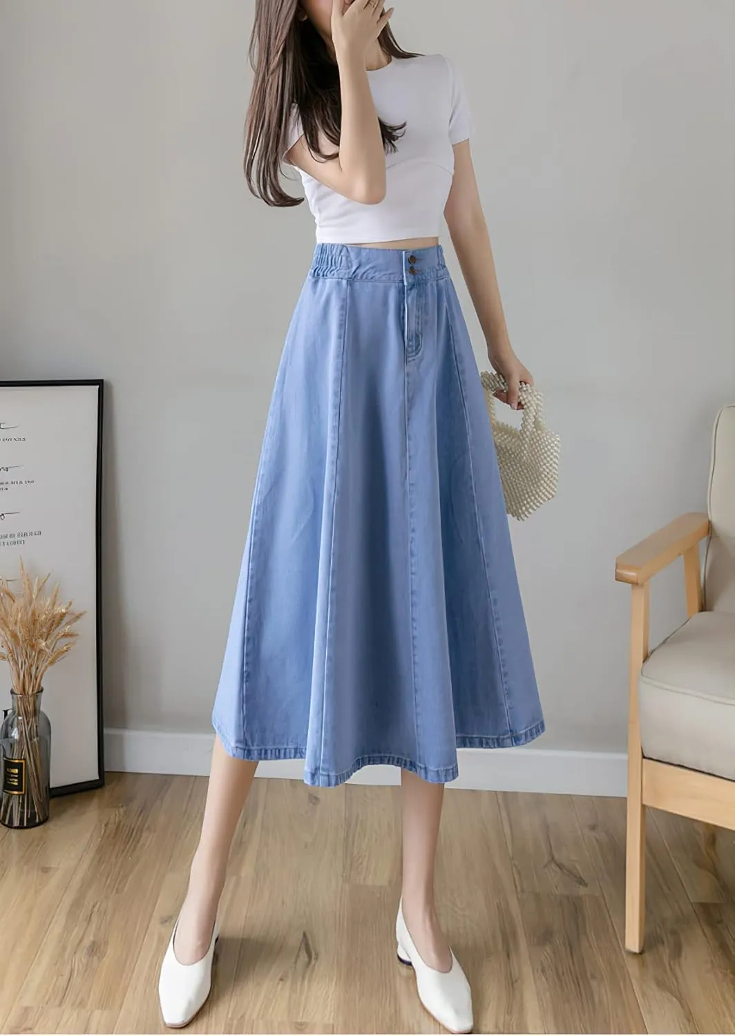 Viatabuna Women's Midi Length Blue Jean Skirts Elastic High Waist Loose Fit A Line Pleated Long Denim Skirt for Teen Girls
