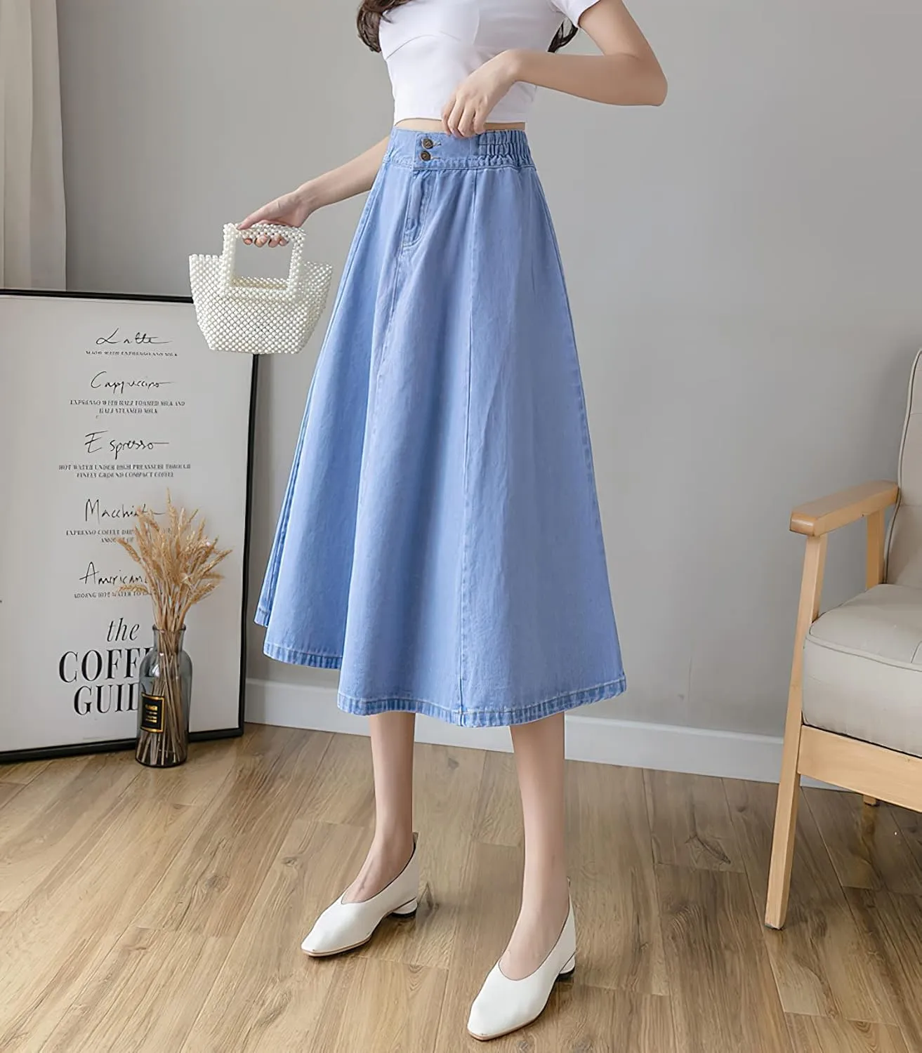 Viatabuna Women's Midi Length Blue Jean Skirts Elastic High Waist Loose Fit A Line Pleated Long Denim Skirt for Teen Girls