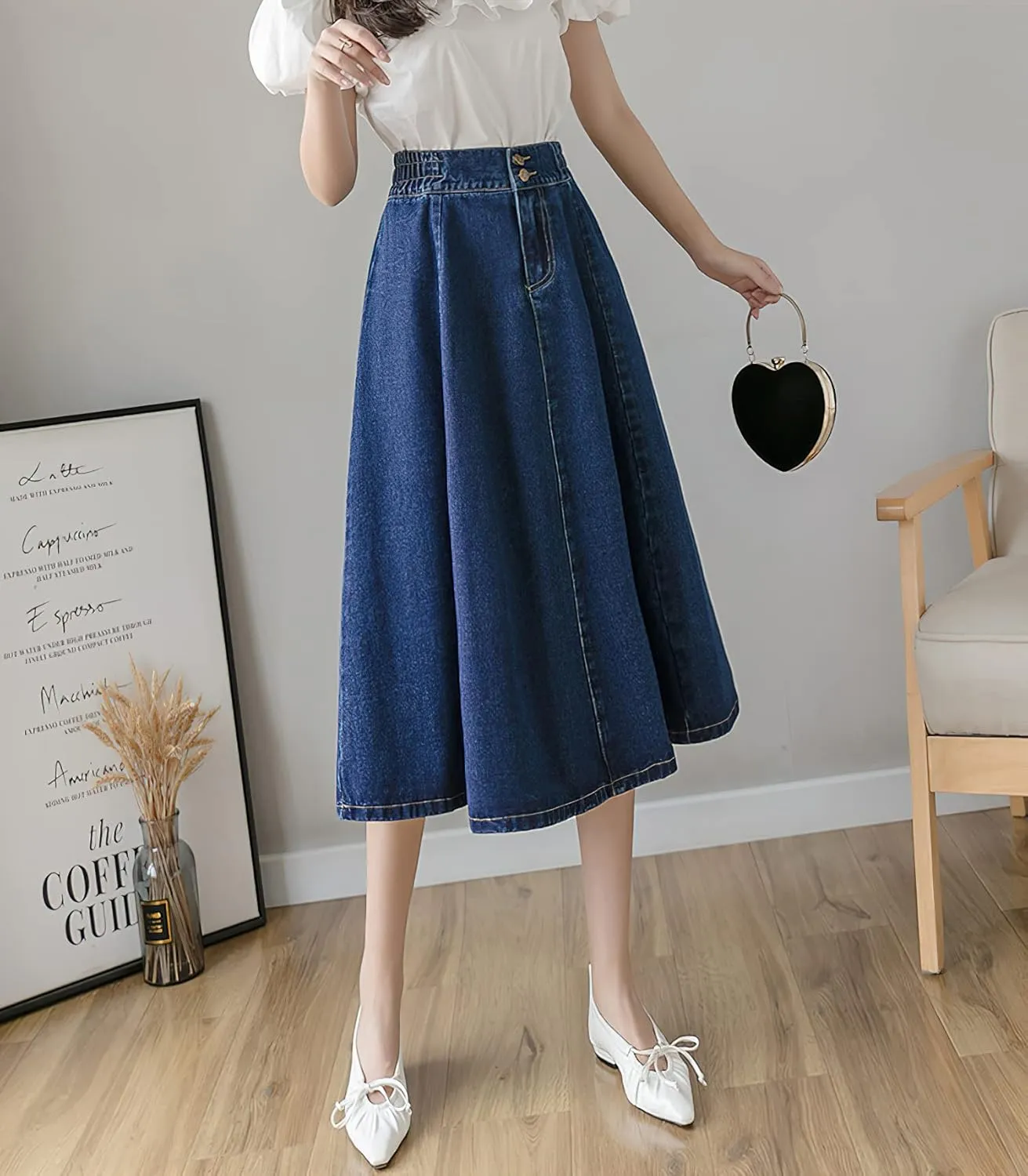 Viatabuna Women's Midi Length Blue Jean Skirts Elastic High Waist Loose Fit A Line Pleated Long Denim Skirt for Teen Girls