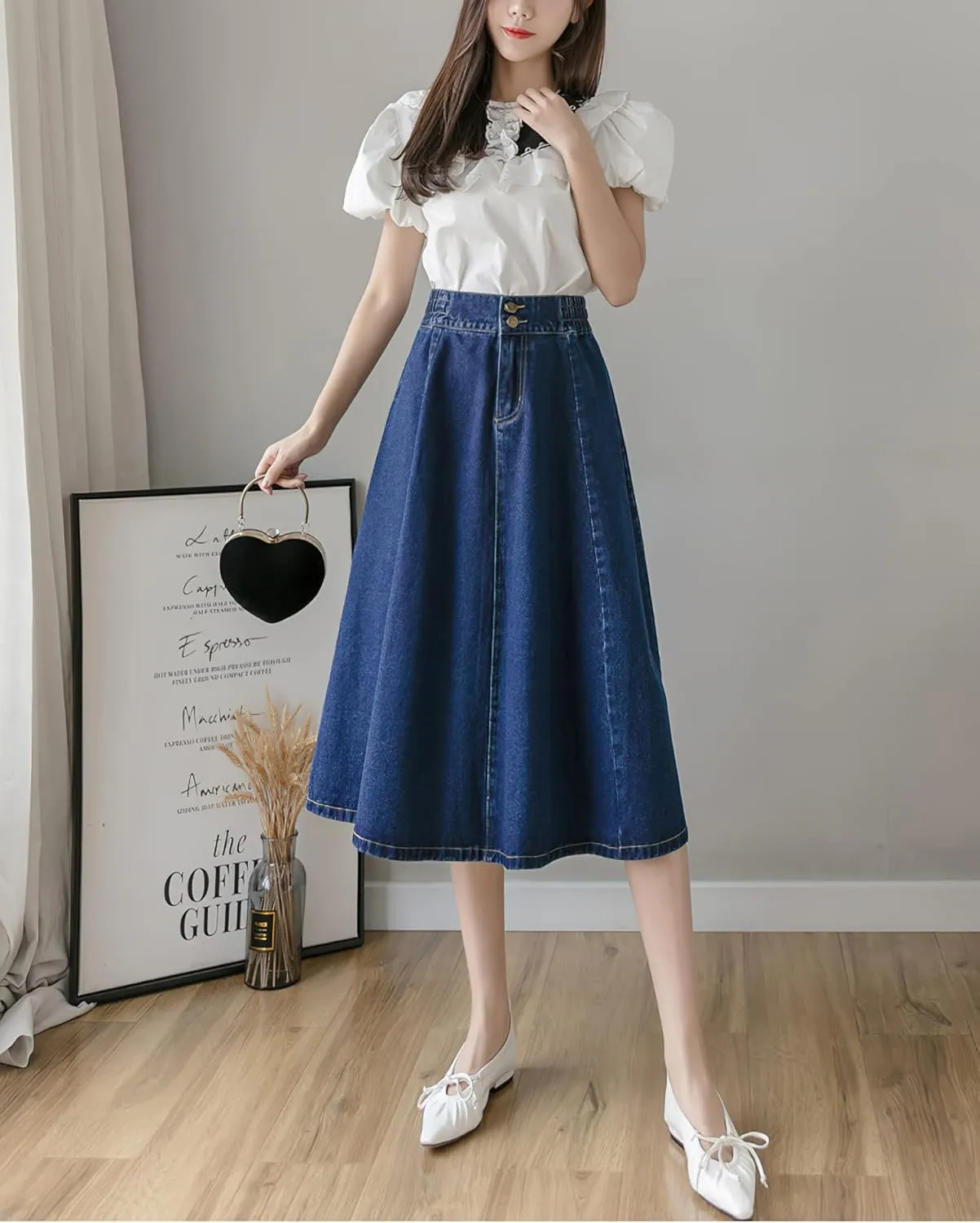 Viatabuna Women's Midi Length Blue Jean Skirts Elastic High Waist Loose Fit A Line Pleated Long Denim Skirt for Teen Girls