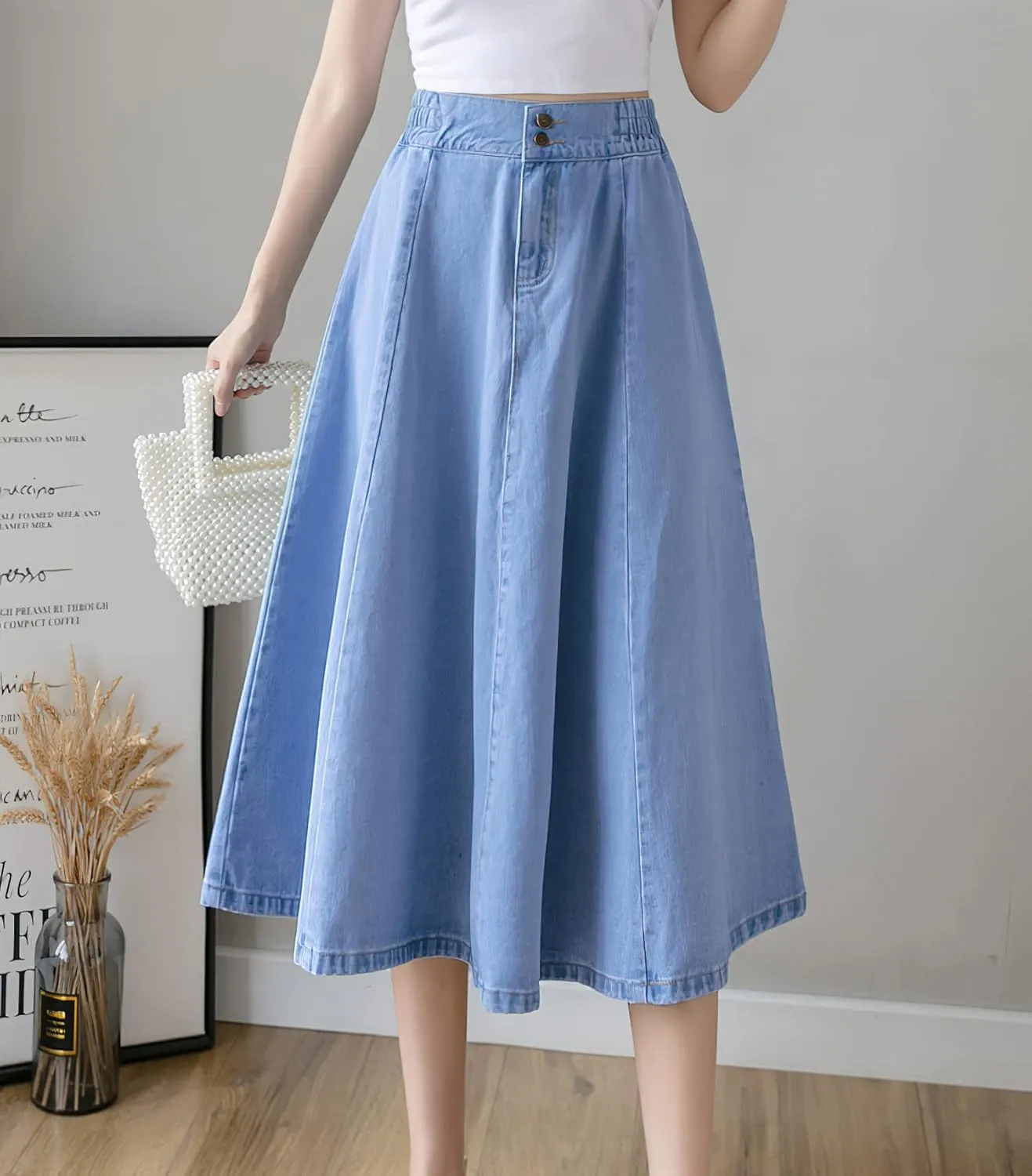 Viatabuna Women's Midi Length Blue Jean Skirts Elastic High Waist Loose Fit A Line Pleated Long Denim Skirt for Teen Girls