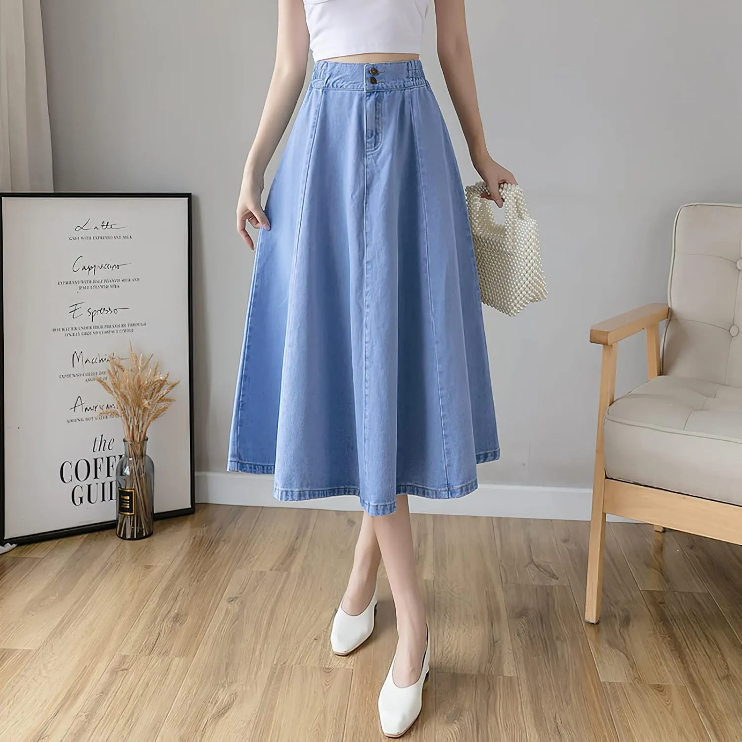 Viatabuna Women's Midi Length Blue Jean Skirts Elastic High Waist Loose Fit A Line Pleated Long Denim Skirt for Teen Girls
