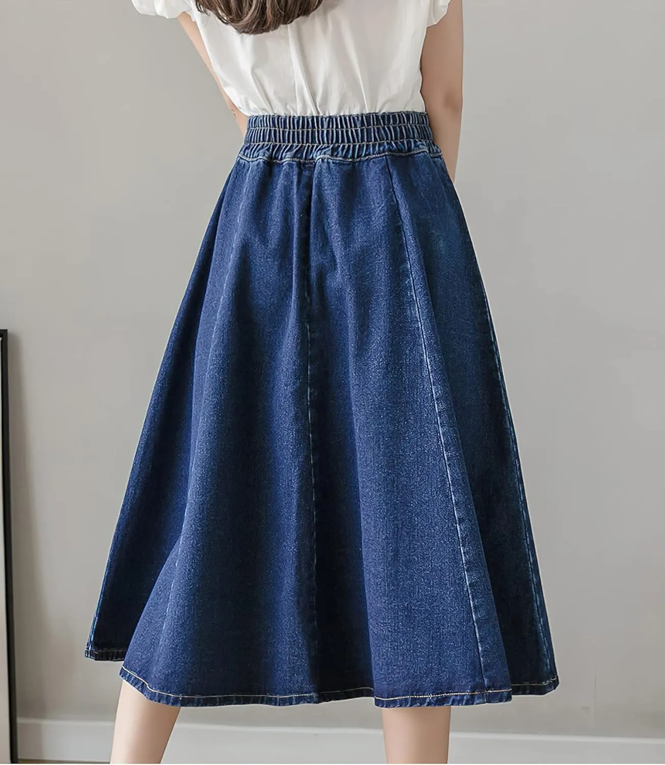 Viatabuna Women's Midi Length Blue Jean Skirts Elastic High Waist Loose Fit A Line Pleated Long Denim Skirt for Teen Girls