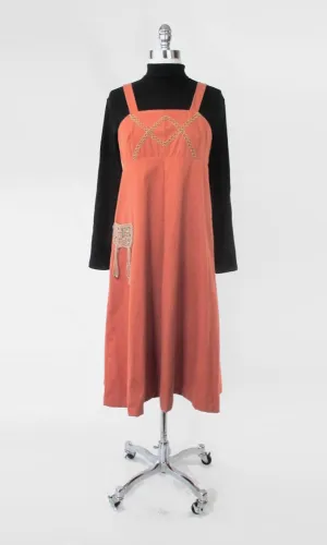 Vintage 70s Corduroy Macrame Pocket Jumper Dress S