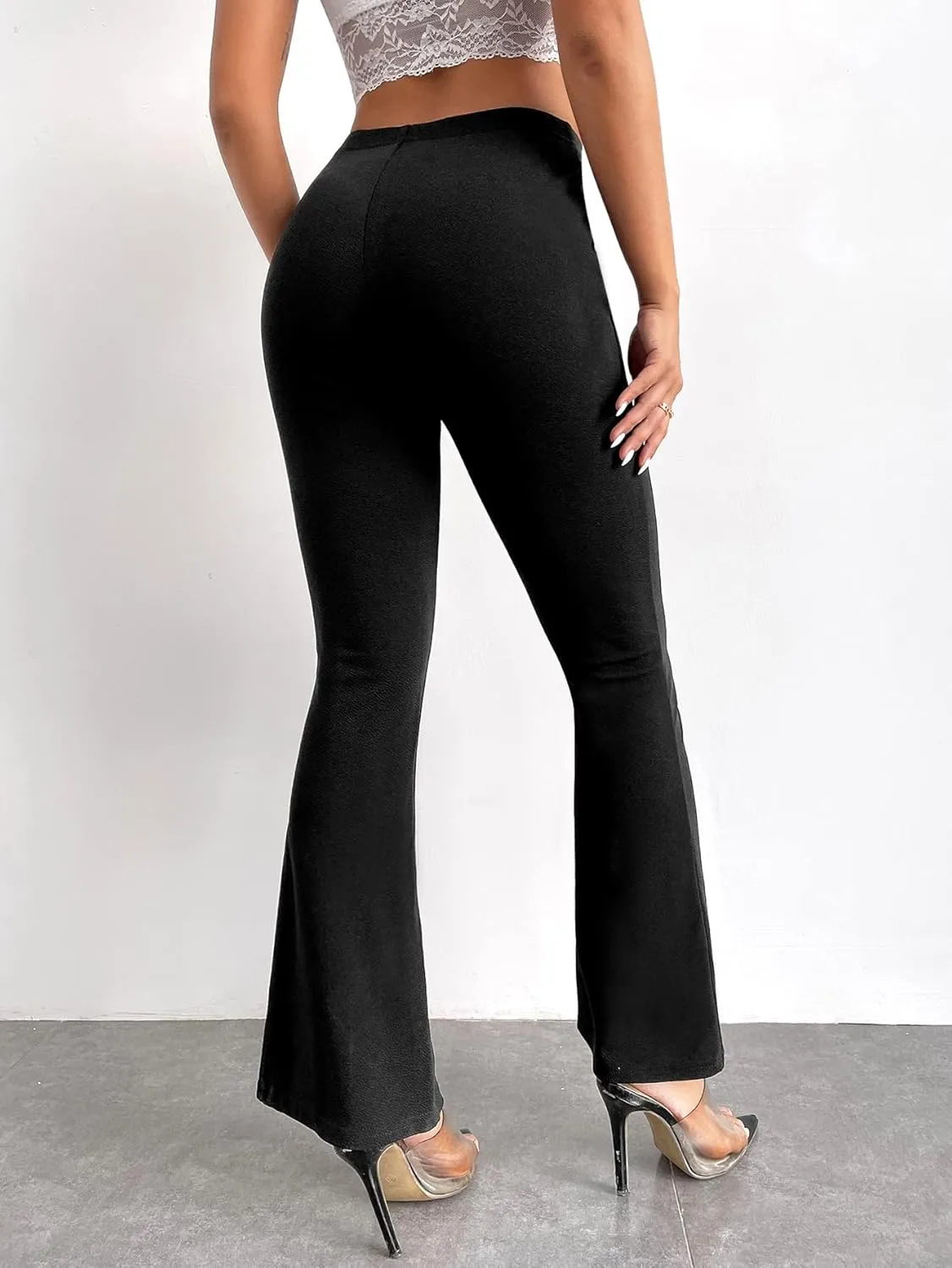 WDIRARA Women's Split Front Elastic High Waist Elegant Flare Leg Long Pants