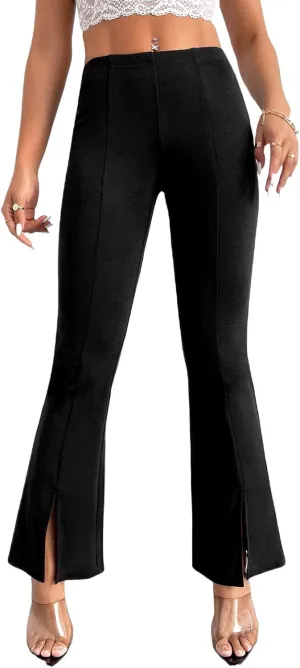 WDIRARA Women's Split Front Elastic High Waist Elegant Flare Leg Long Pants