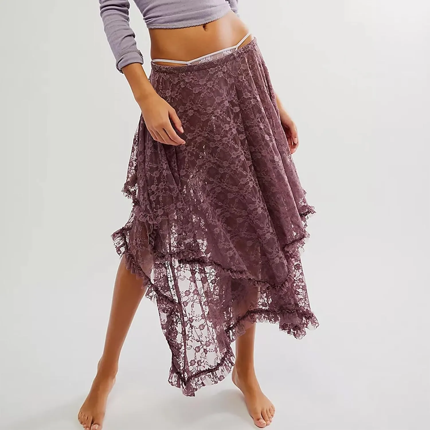 Winioder Floral Lace Maxi Skirts for Women Elastic Waist Asymmetrical Layered Long Skirts See Through Irregular Beach Skirt