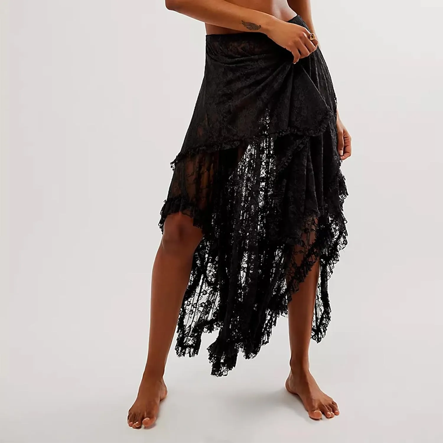 Winioder Floral Lace Maxi Skirts for Women Elastic Waist Asymmetrical Layered Long Skirts See Through Irregular Beach Skirt