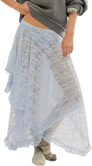 Winioder Floral Lace Maxi Skirts for Women Elastic Waist Asymmetrical Layered Long Skirts See Through Irregular Beach Skirt